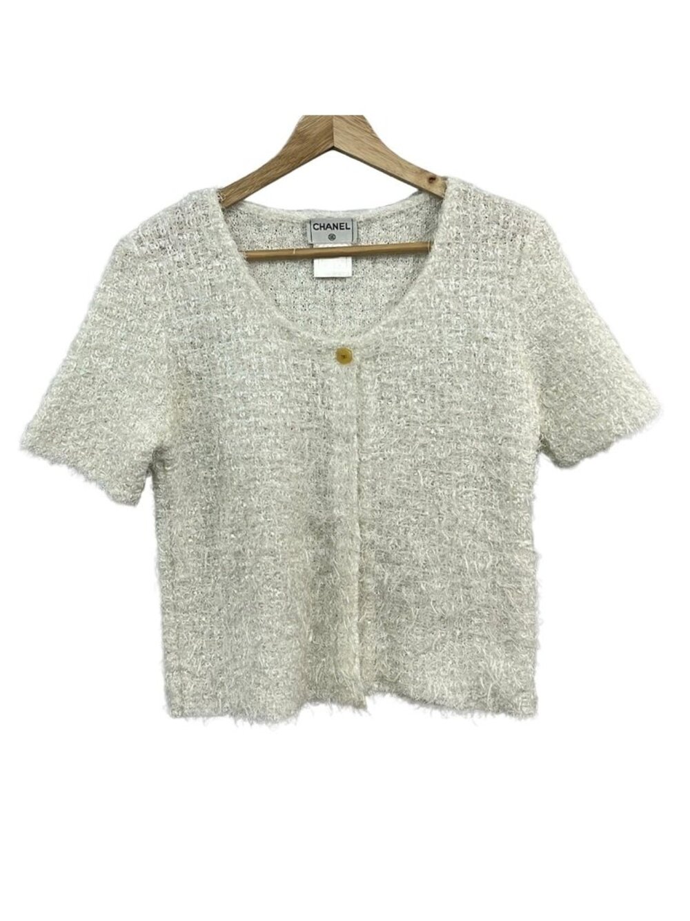 Chanel Cardigan 42 L Ivory Crew Neck Short Sleeve